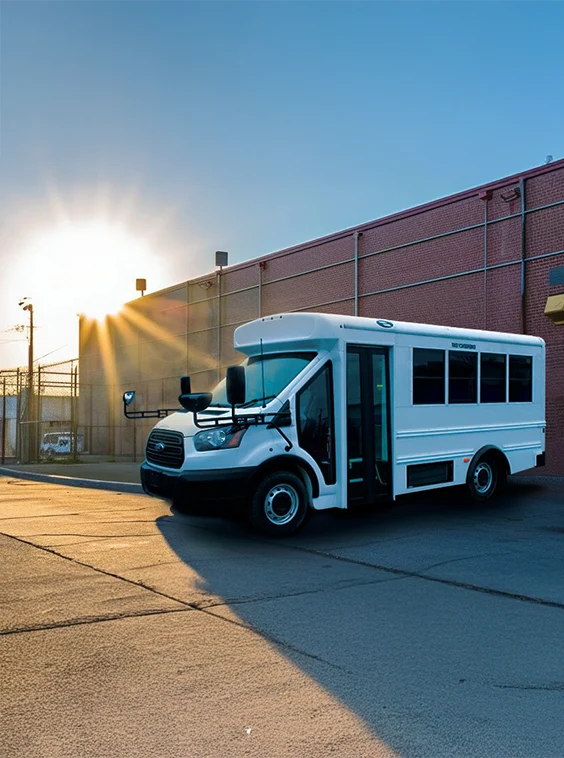 White shuttle bus parked next to a prison near Atlanta